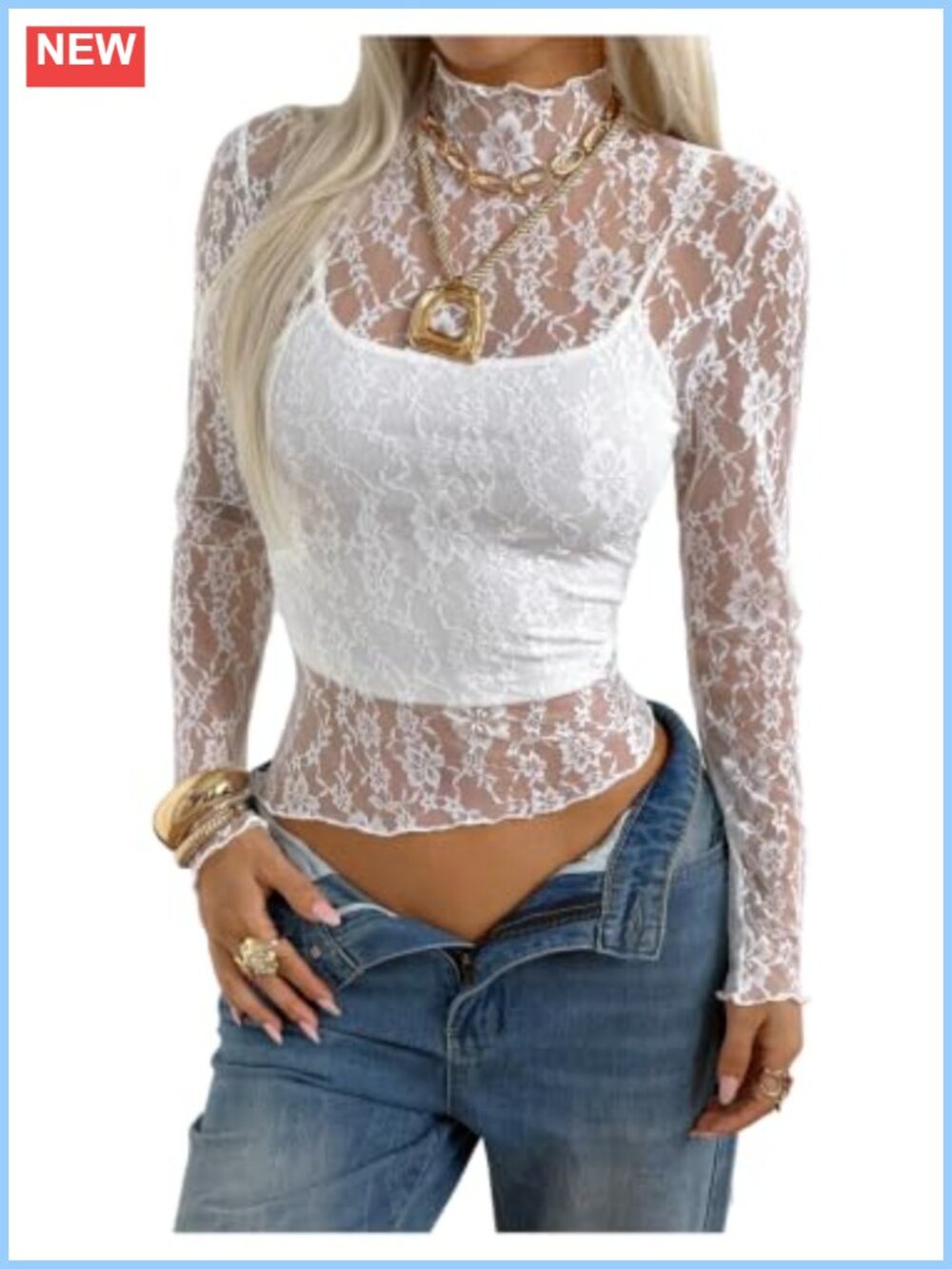 Sheer Mesh Lace Top Mock Neck Long Sleeve Fitted Going Out Top